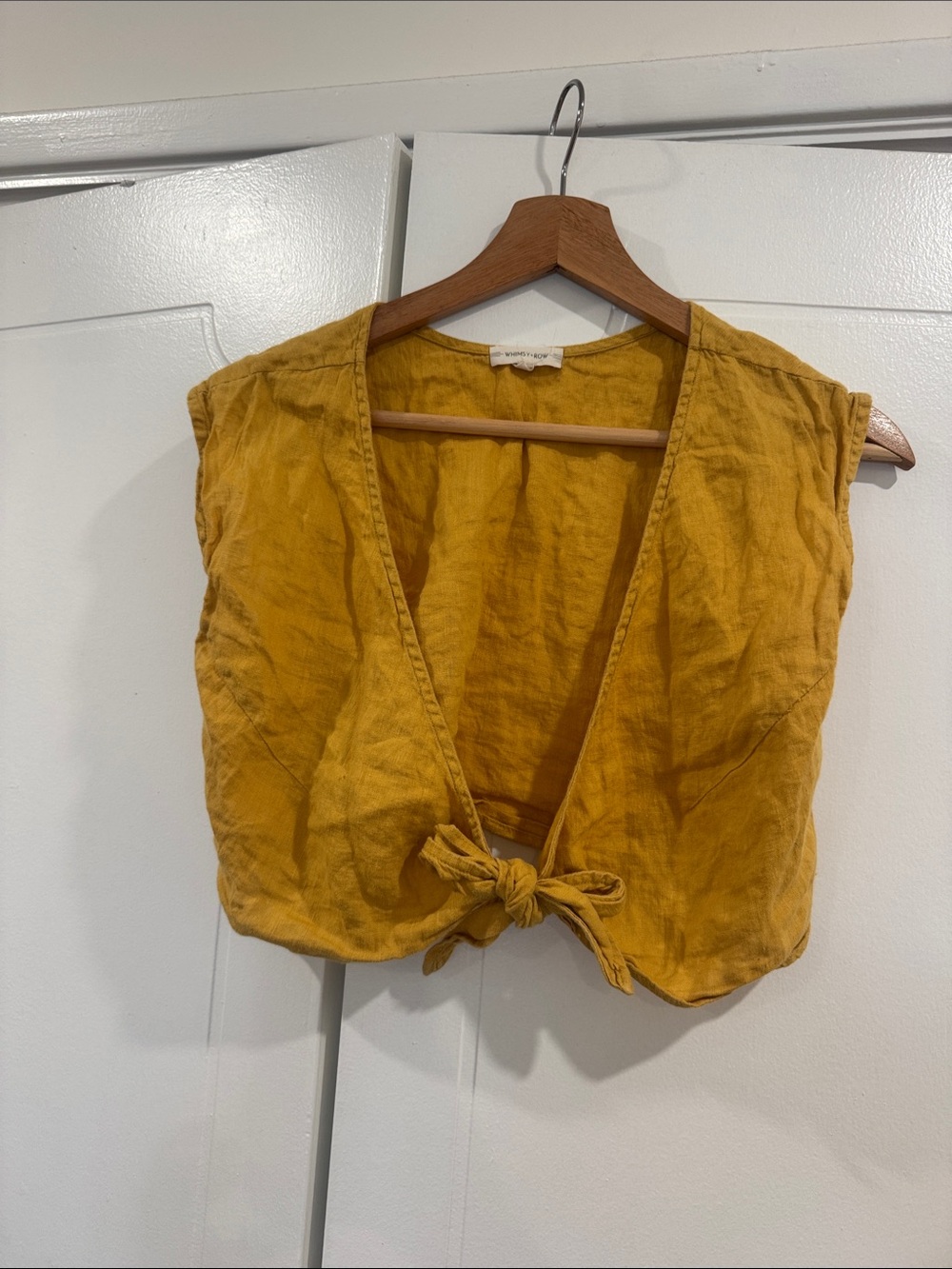 Whimsy + Row Mustard Linen Tie-Front Crop